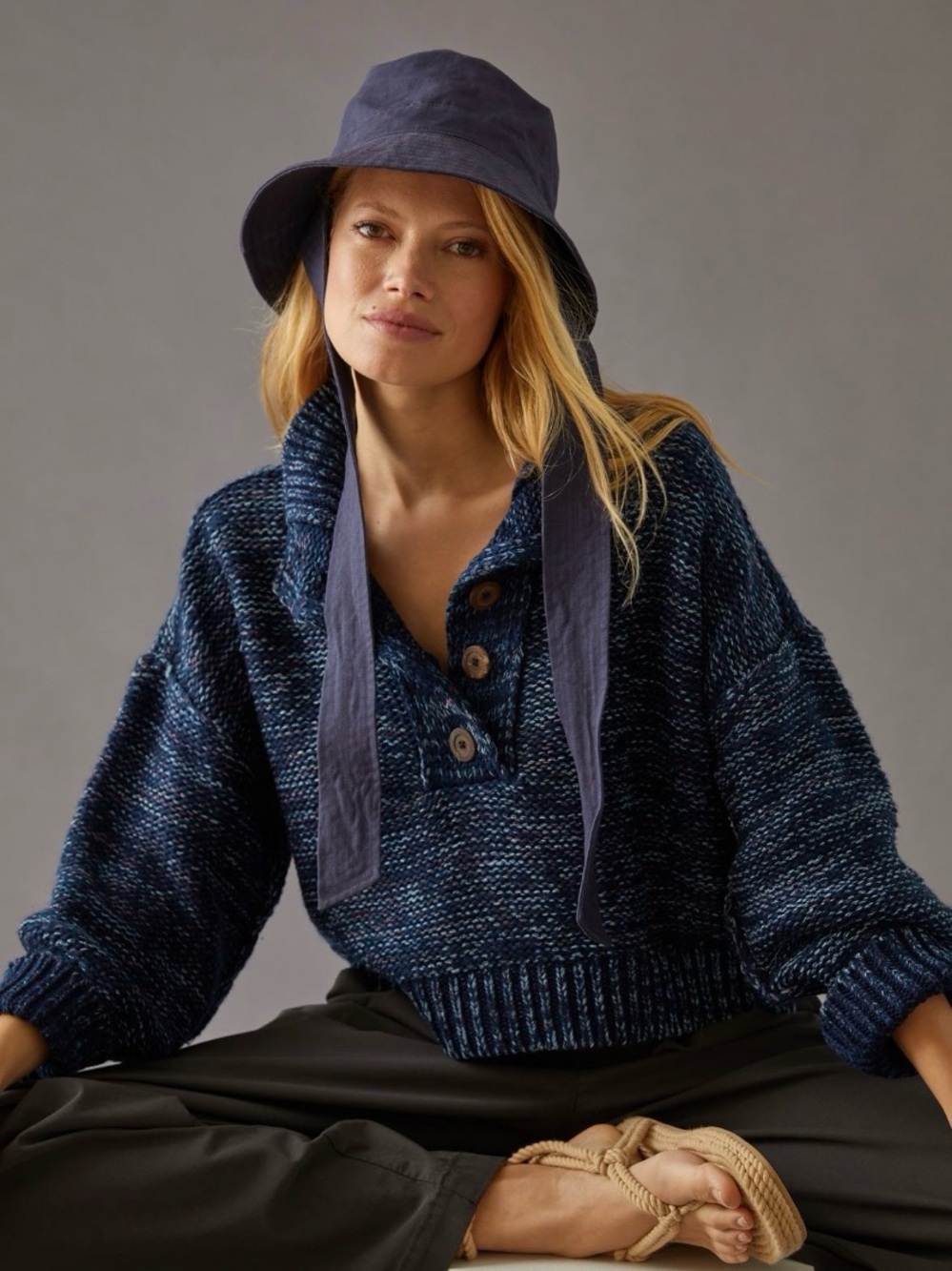 Pilcro Navy Marled Button-Front jumper - Picture 3 of 7